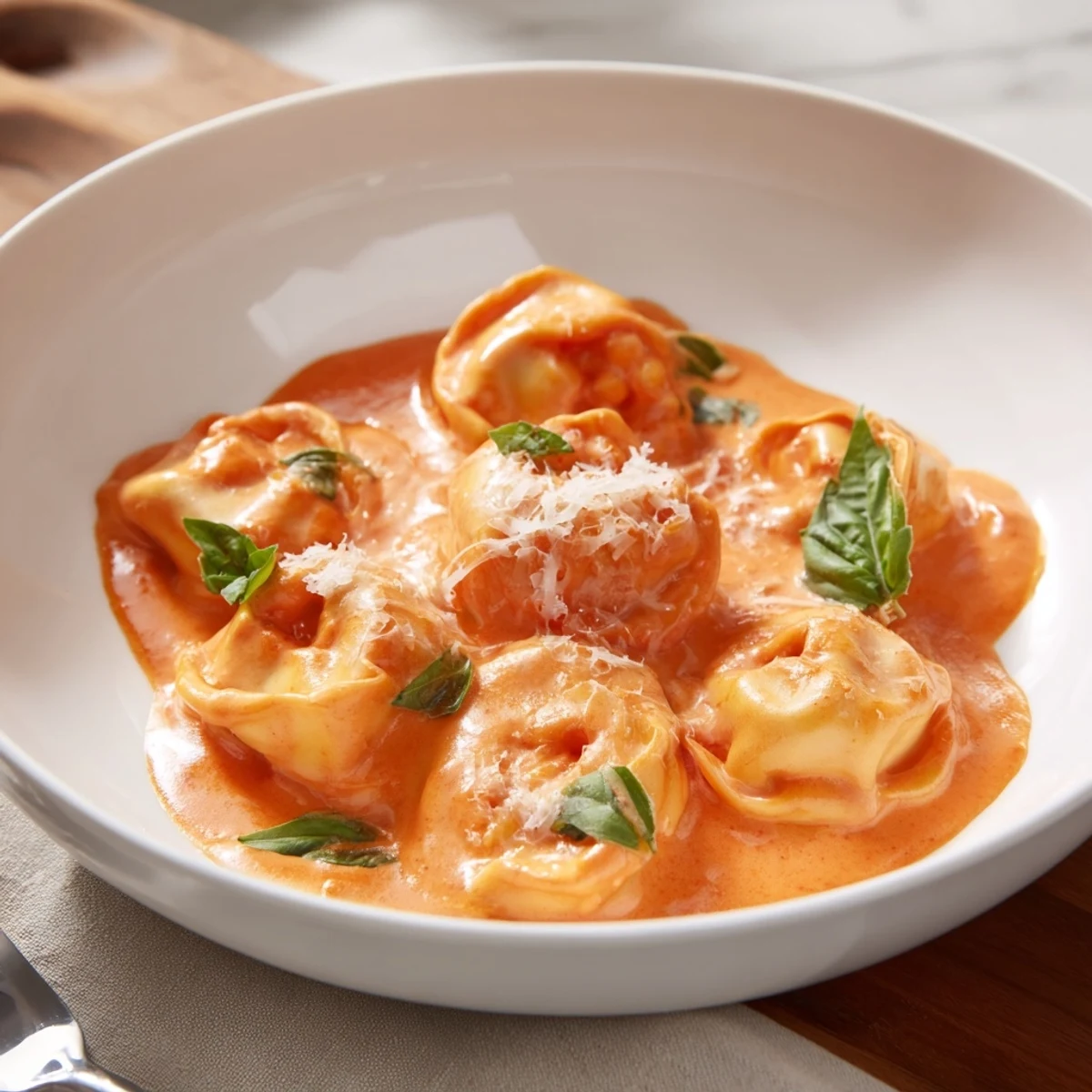 A close-up of delicious One Pot Creamy Tomato Tortellini, garnished with fresh basil, steaming gently.