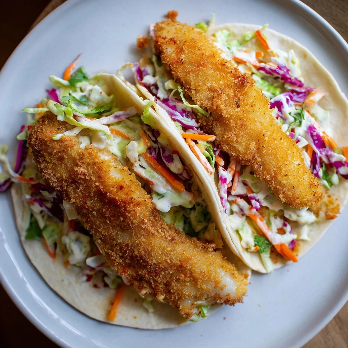 Golden-brown crispy fish tacos spilling out of soft tortillas, topped with vibrant slaw.