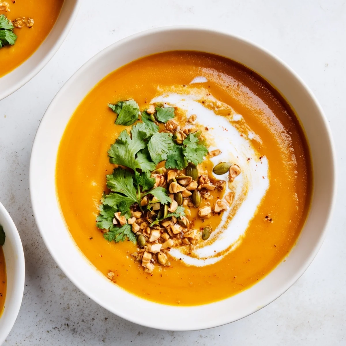 Golden, creamy Roasted Carrot and Ginger Soup with a swirl of coconut milk, ready to serve.
