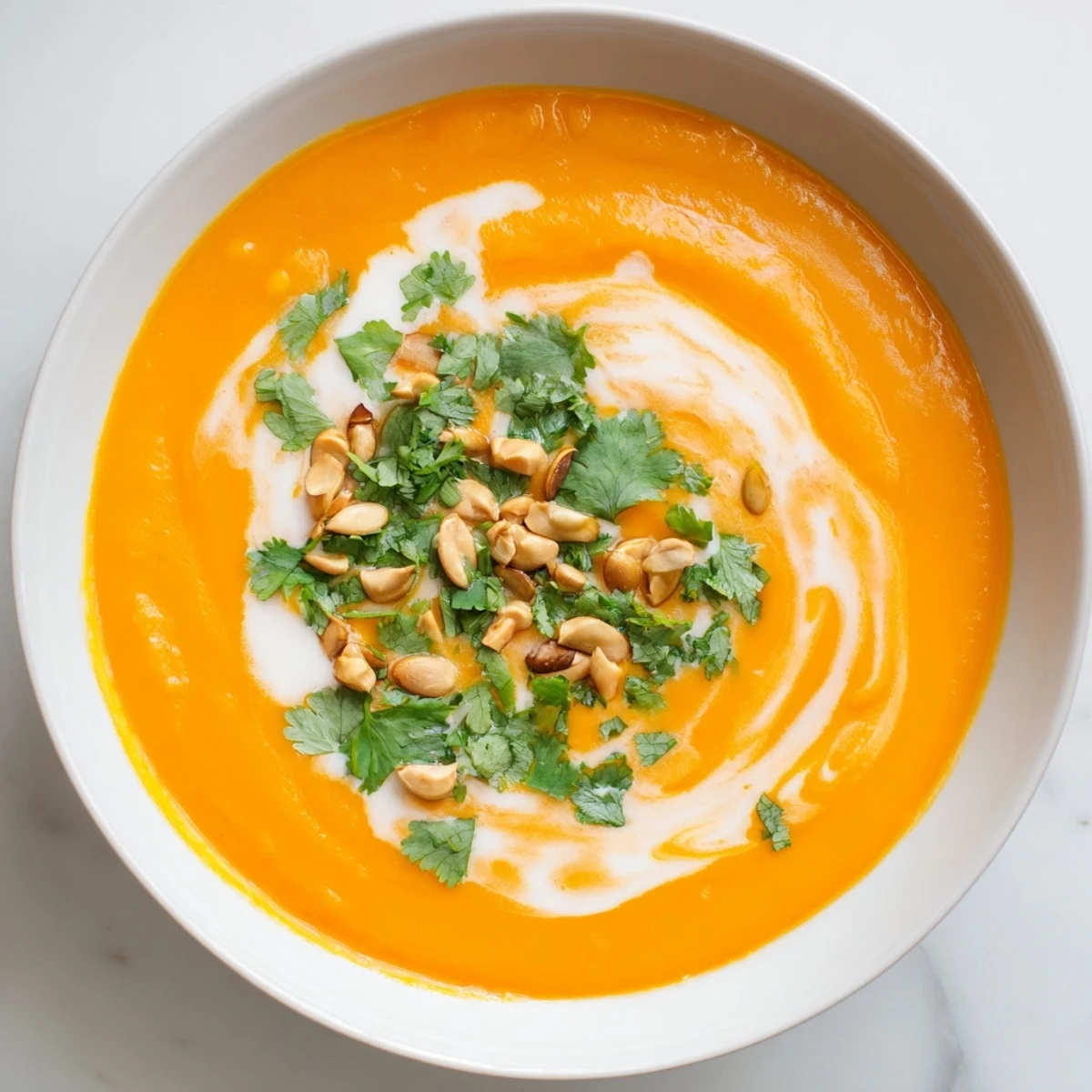 A steaming bowl of Roasted Carrot and Ginger Soup, garnished with vibrant green cilantro.