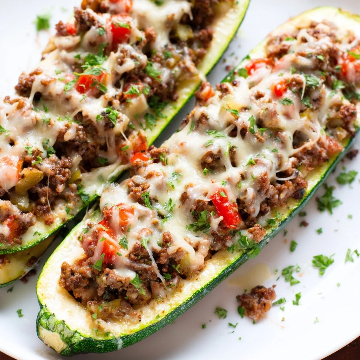 Golden, bubbly cheese melts atop savory zucchini boats stuffed with flavorful ground beef filling.