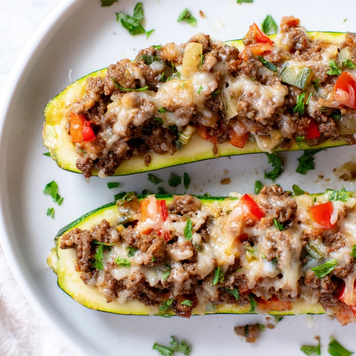 Baked zucchini boats with seasoned ground beef, fragrant herbs, and melted mozzarella cheese, ready to enjoy.