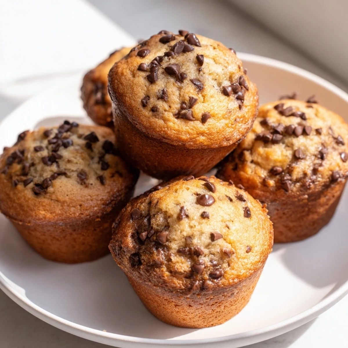 Freshly baked chocolate chip banana bread muffins, warm and smelling of sweet banana and chocolate.