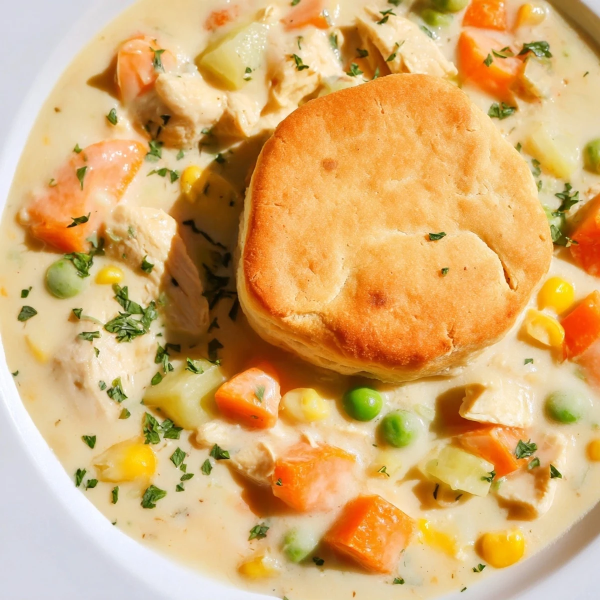 Creamy Chicken Pot Pie Soup with golden biscuit topping, a cozy & delicious American comfort food.