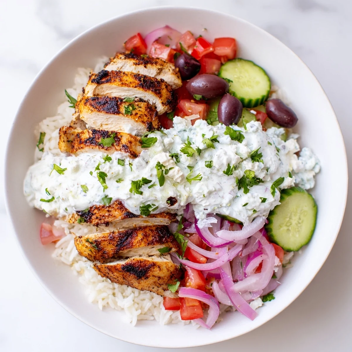 Vibrant Greek chicken gyro bowls: tender chicken, fresh veggies, feta, rice, and cool, refreshing tzatziki sauce.