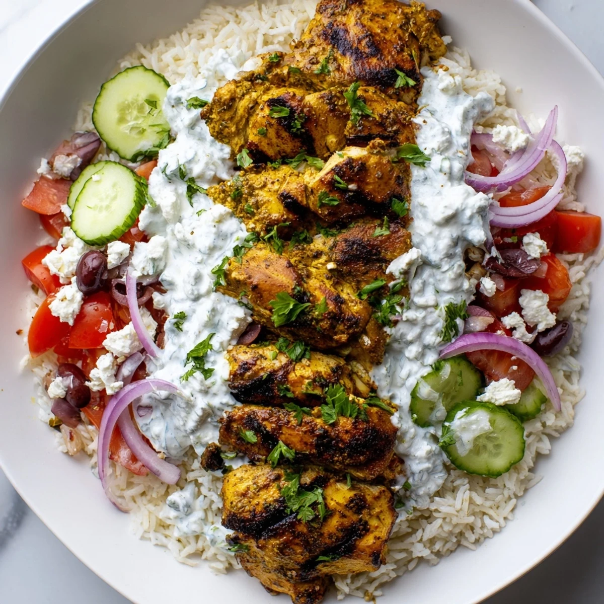 Picture a colorful Greek chicken gyro bowl: perfectly cooked chicken, bursting with Mediterranean flavors.