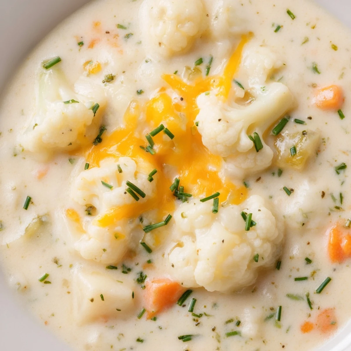 Creamy Cauliflower Chowder with Cheddar Cheese steaming in a rustic bowl, topped with fresh chives and extra cheese.
