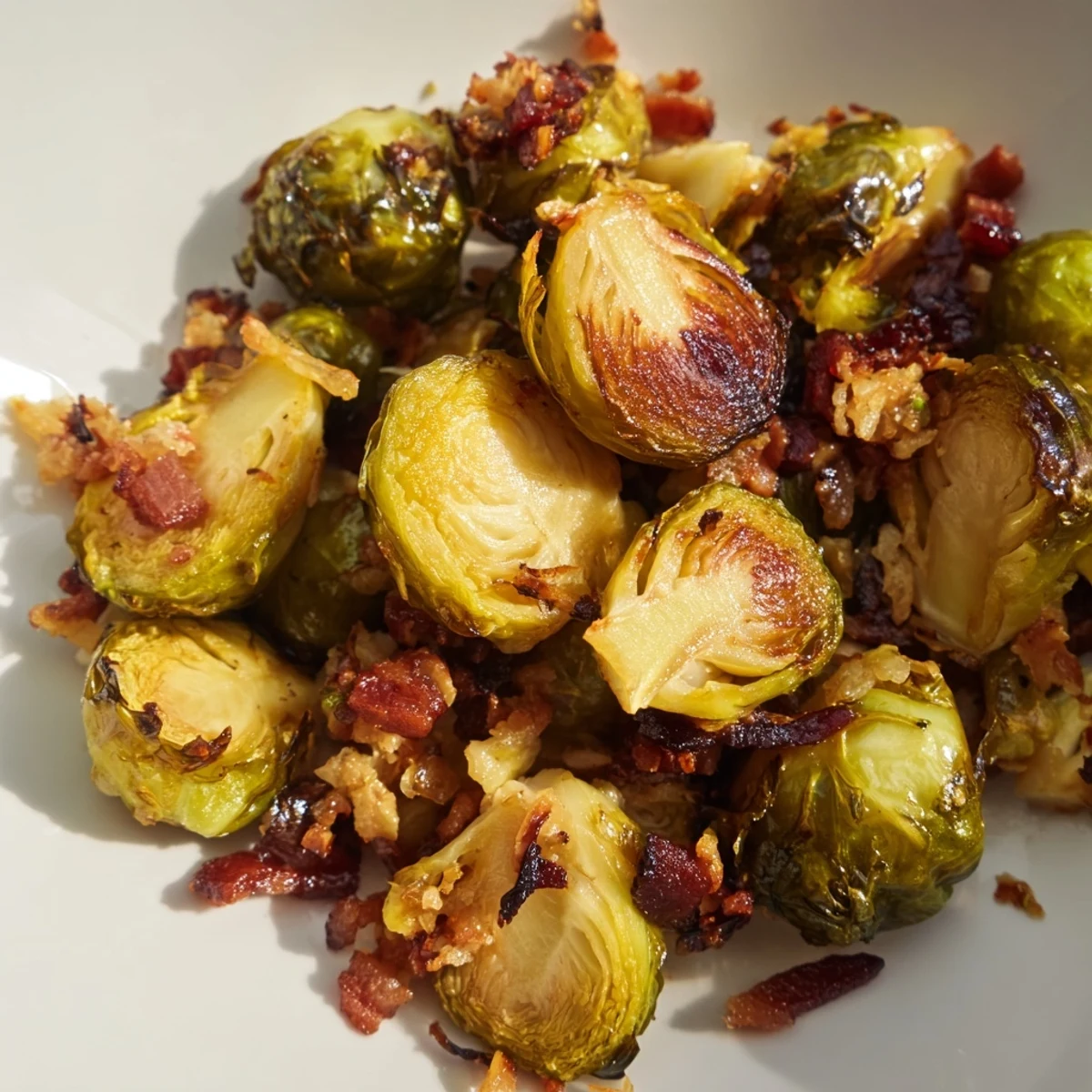 Golden, crispy roasted Brussels sprouts with chopped turkey bacon, garlic, and an optional balsamic drizzle on a baking sheet.