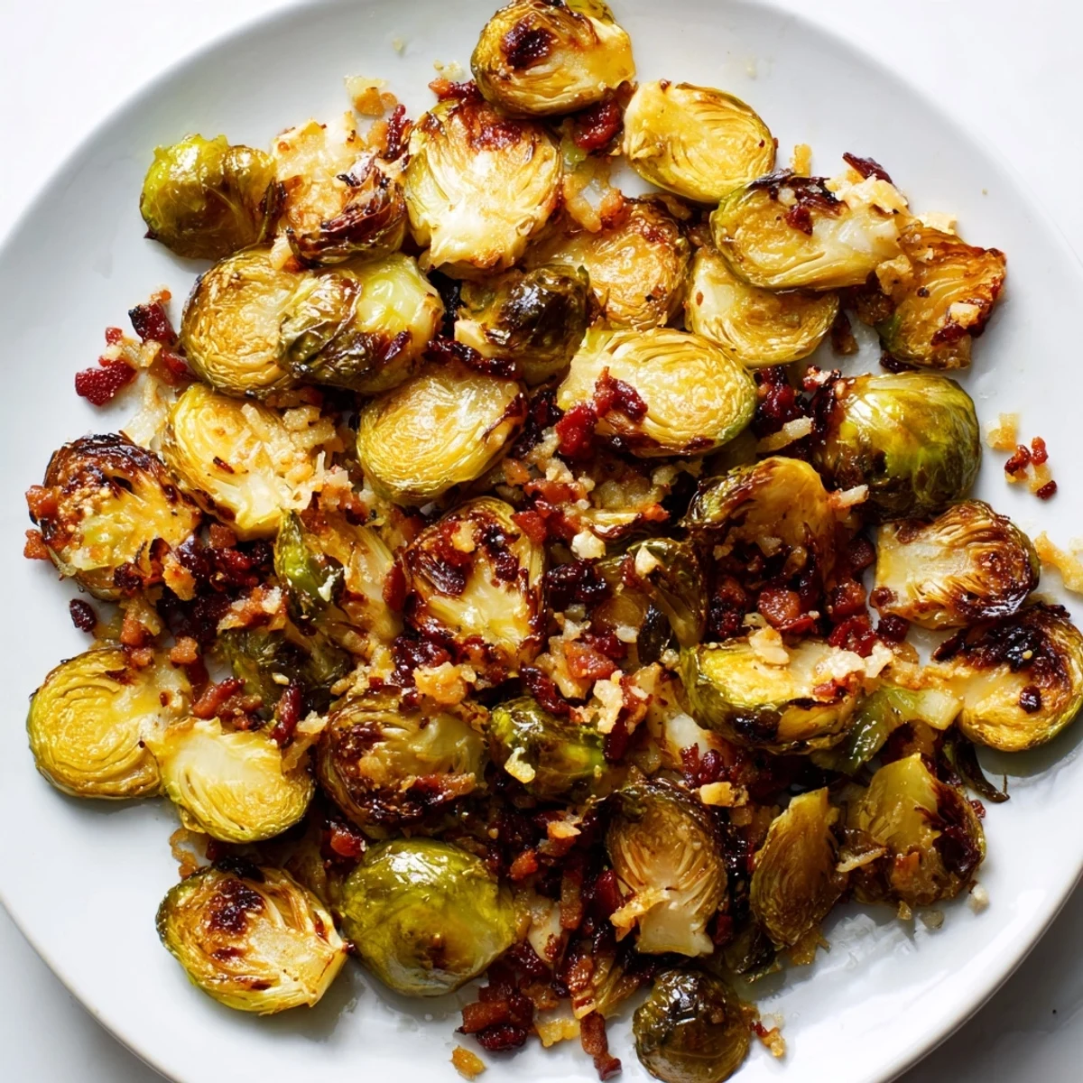 Roasted Brussels sprouts with savory turkey bacon, fresh minced garlic, and grated Parmesan cheese served as a delicious, healthy side.
