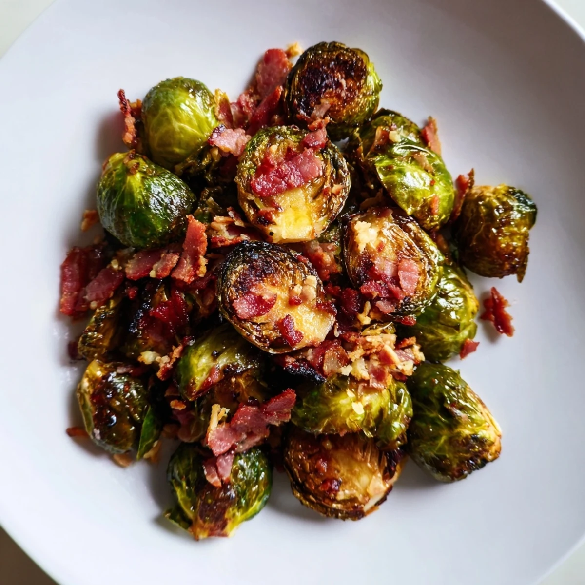 Tender roasted Brussels sprouts tossed with crispy turkey bacon, ready to pair with roast chicken for a quick weeknight dinner.