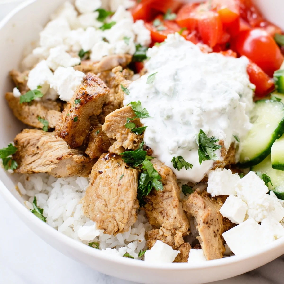 Golden-brown grilled chicken, sliced and served over fluffy basmati rice with diced cucumbers and cherry tomatoes.