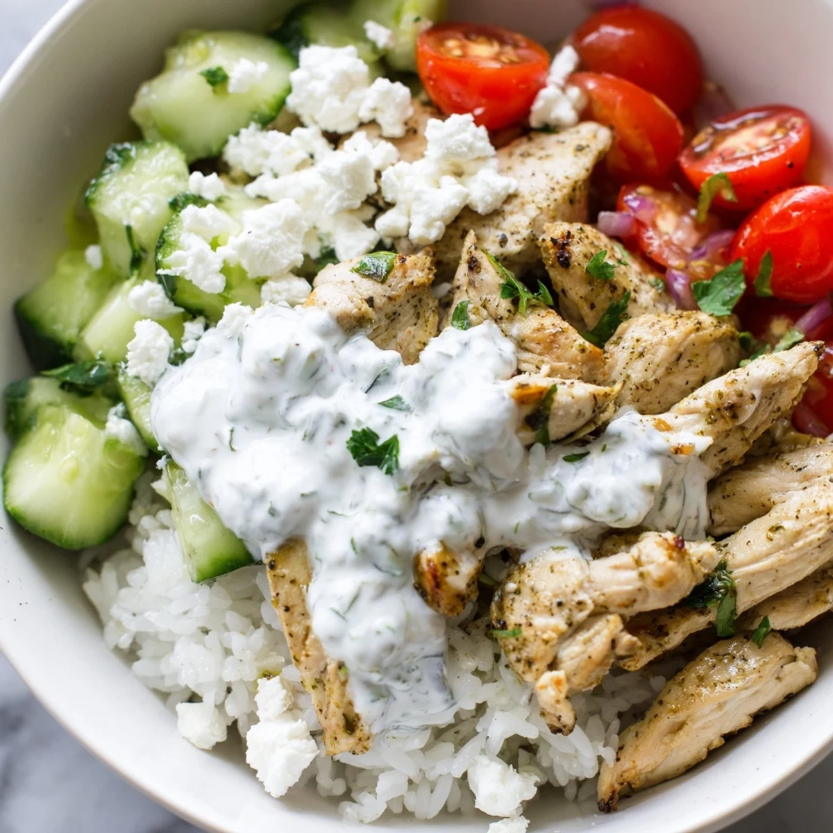 Creamy homemade tzatziki sauce generously drizzled over vibrant Greek chicken gyro bowls ready to serve.