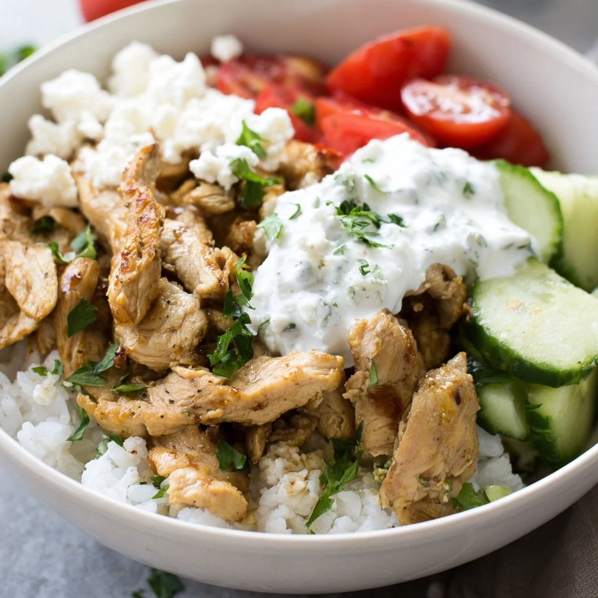 Sizzling marinated chicken thighs sit atop a bed of rice with feta, olives, and red onions.