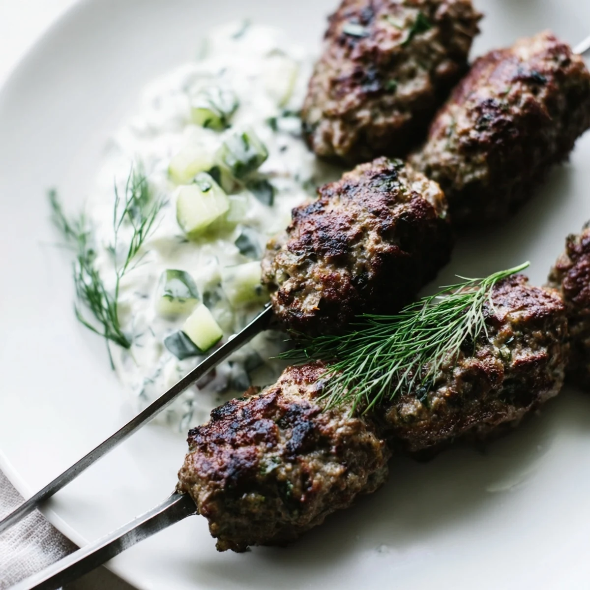 Tender Beef Kofta Kebabs skewered with herbs, paired alongside a cool, refreshing cucumber yogurt dip.