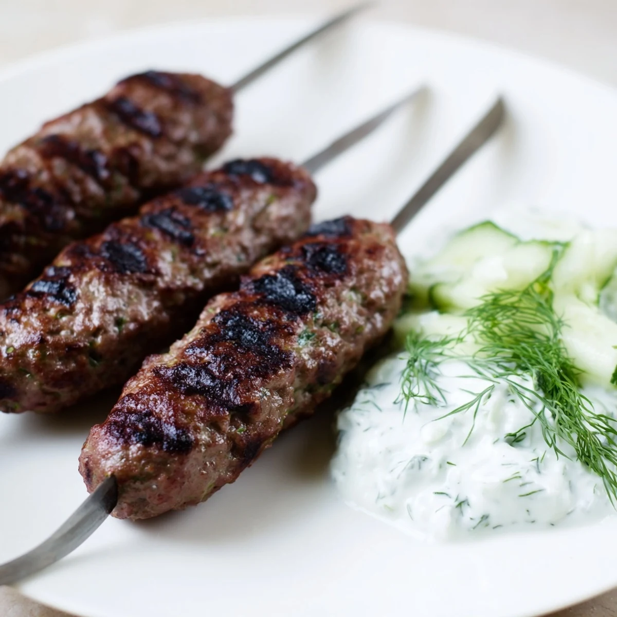 Juicy, spiced Beef Kofta Kebabs sizzling on the grill, served with a creamy cucumber yogurt dip.