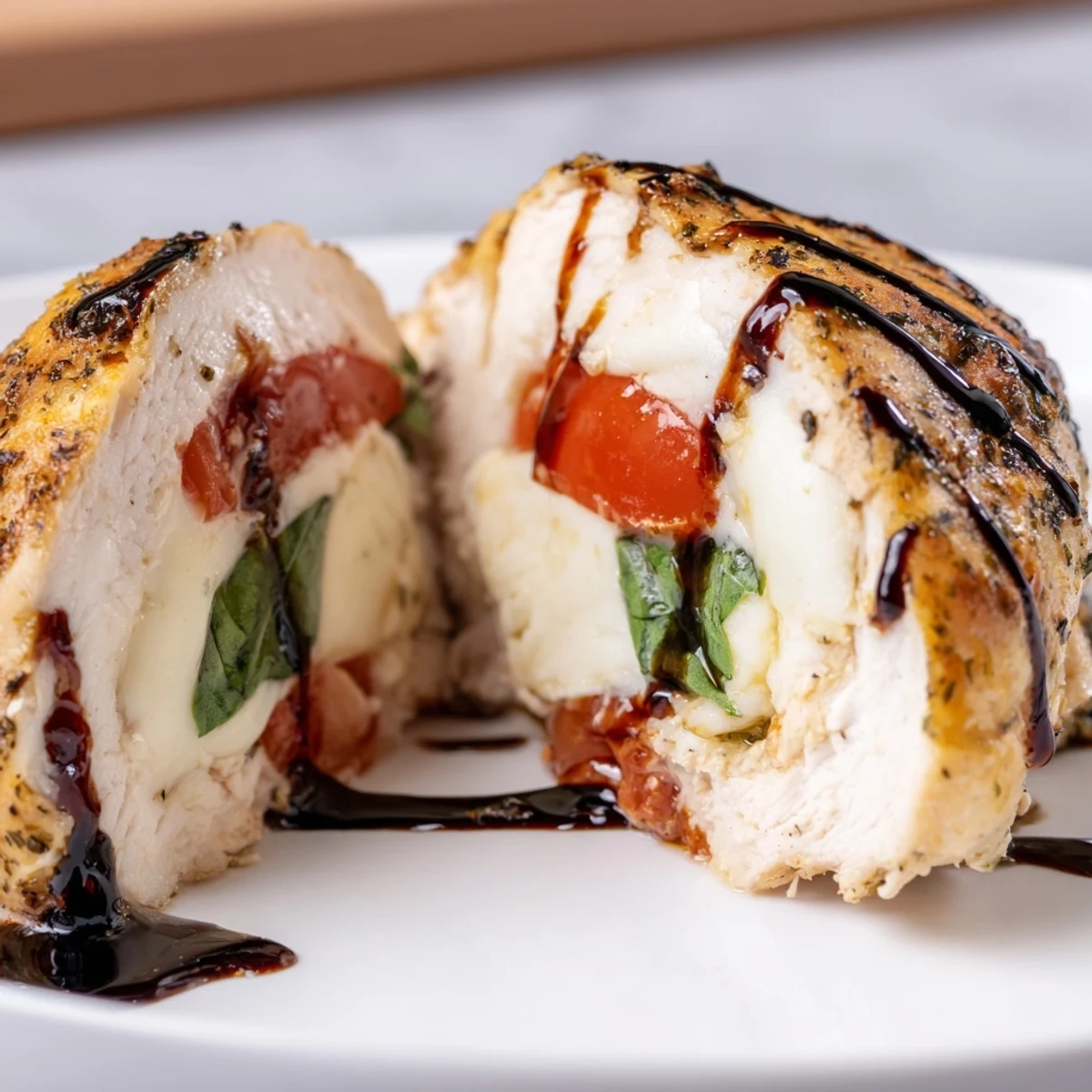 Golden-brown Caprese Stuffed Chicken Breast with melted mozzarella, tomato, and fresh basil on a plate.