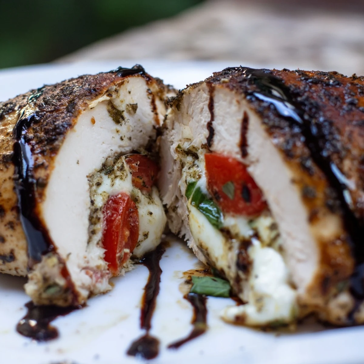 A juicy Caprese Stuffed Chicken Breast sliced to reveal its cheesy, tomato-filled center, drizzled with balsamic.