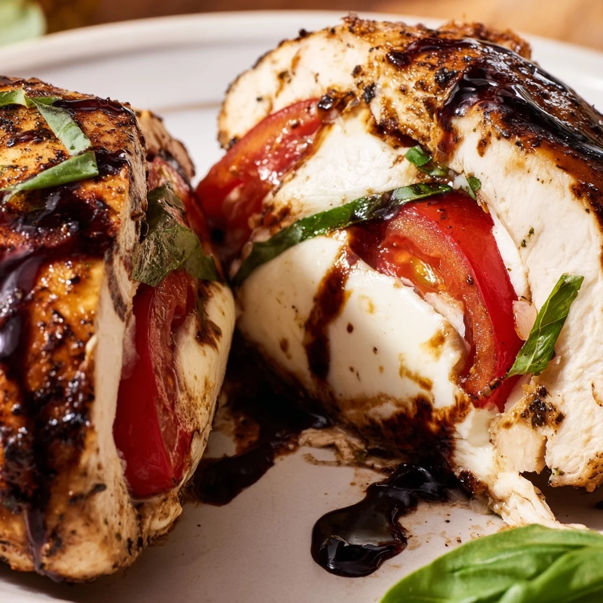 Caprese Stuffed Chicken Breast served alongside roasted asparagus, finished with a glossy, sweet balsamic glaze.