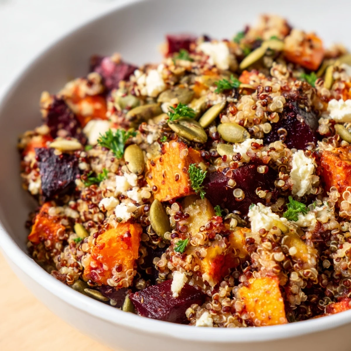 Warm quinoa salad with roasted root vegetables plated fresh from the oven, steaming beside a glass of crisp white wine.