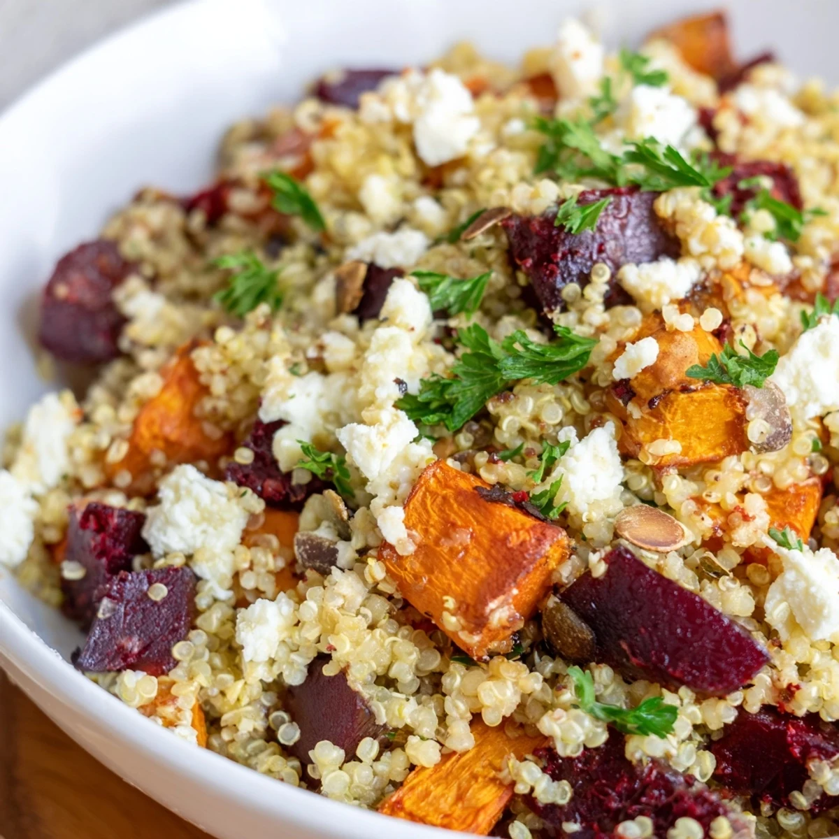 Quinoa salad with roasted root vegetables topped with feta and pepitas, served warm for a hearty autumn lunch.