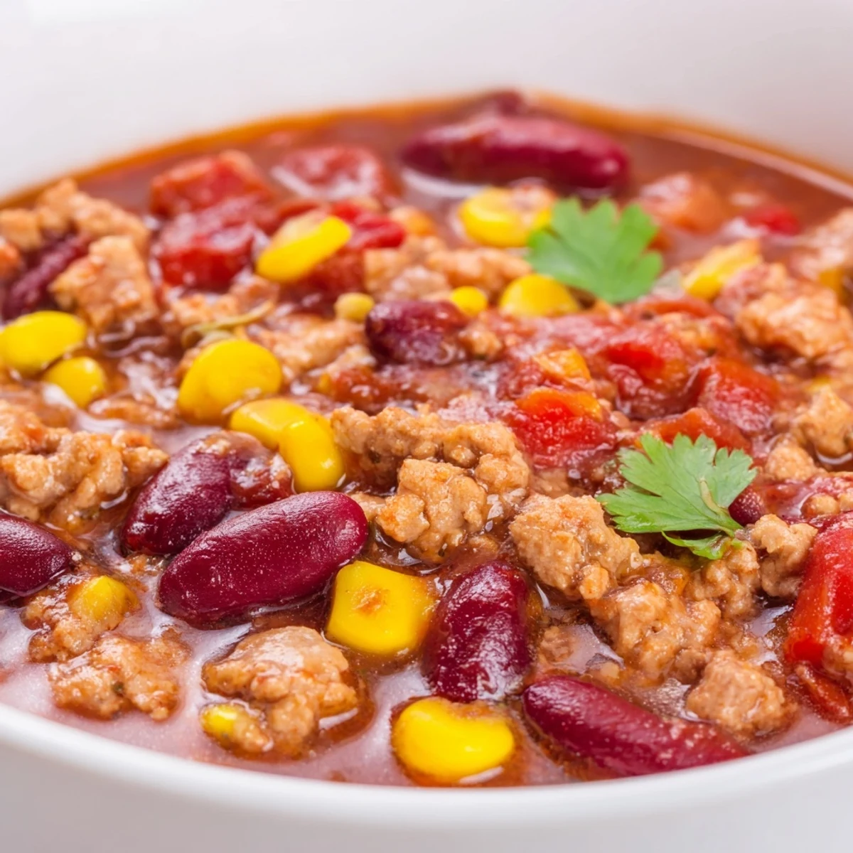Hearty bowl of Turkey Chili with Kidney Beans and Corn topped with fresh cilantro and served with warm cornbread on the side.