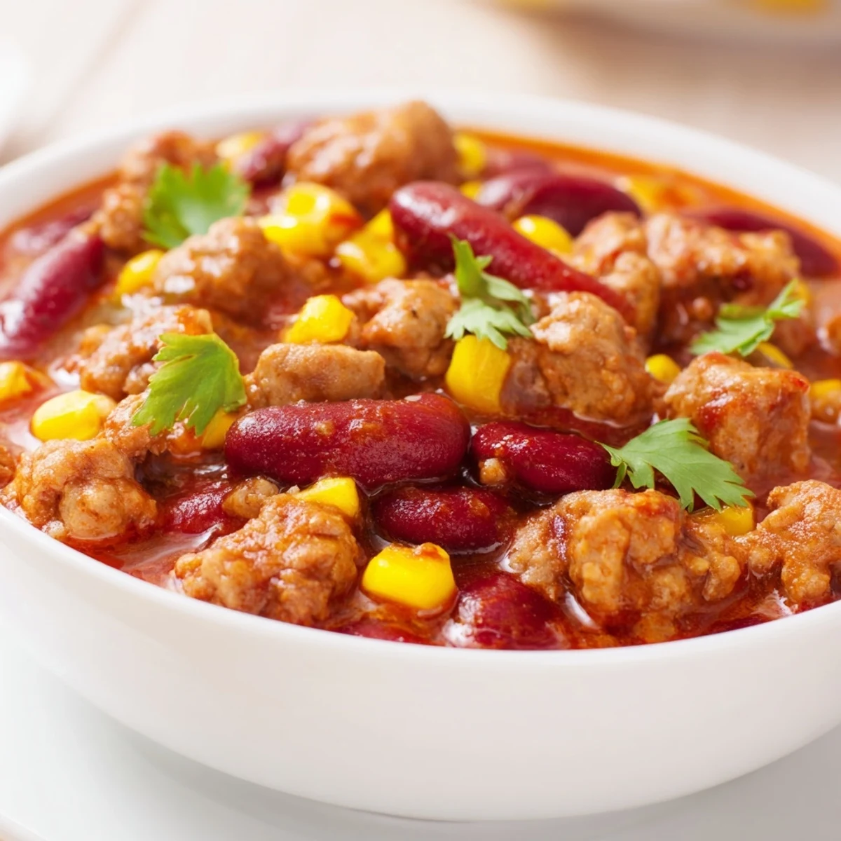 Turkey Chili with Kidney Beans and Corn simmering in a pot, featuring a rich, thick texture with visible corn and diced peppers.