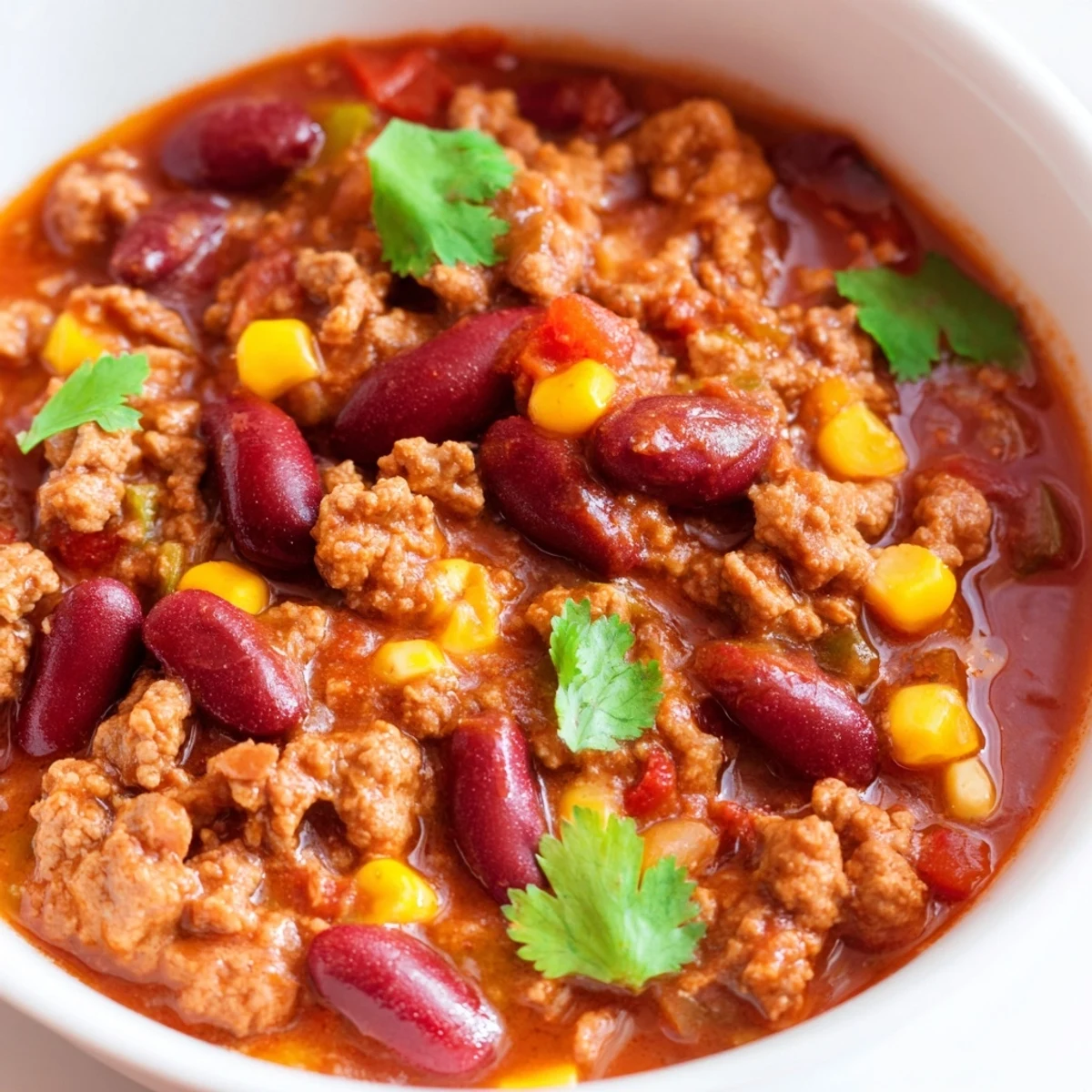 Close-up photo of Turkey Chili with Kidney Beans and Corn in a rustic bowl, highlighting the lean ground turkey and vibrant red kidney beans.