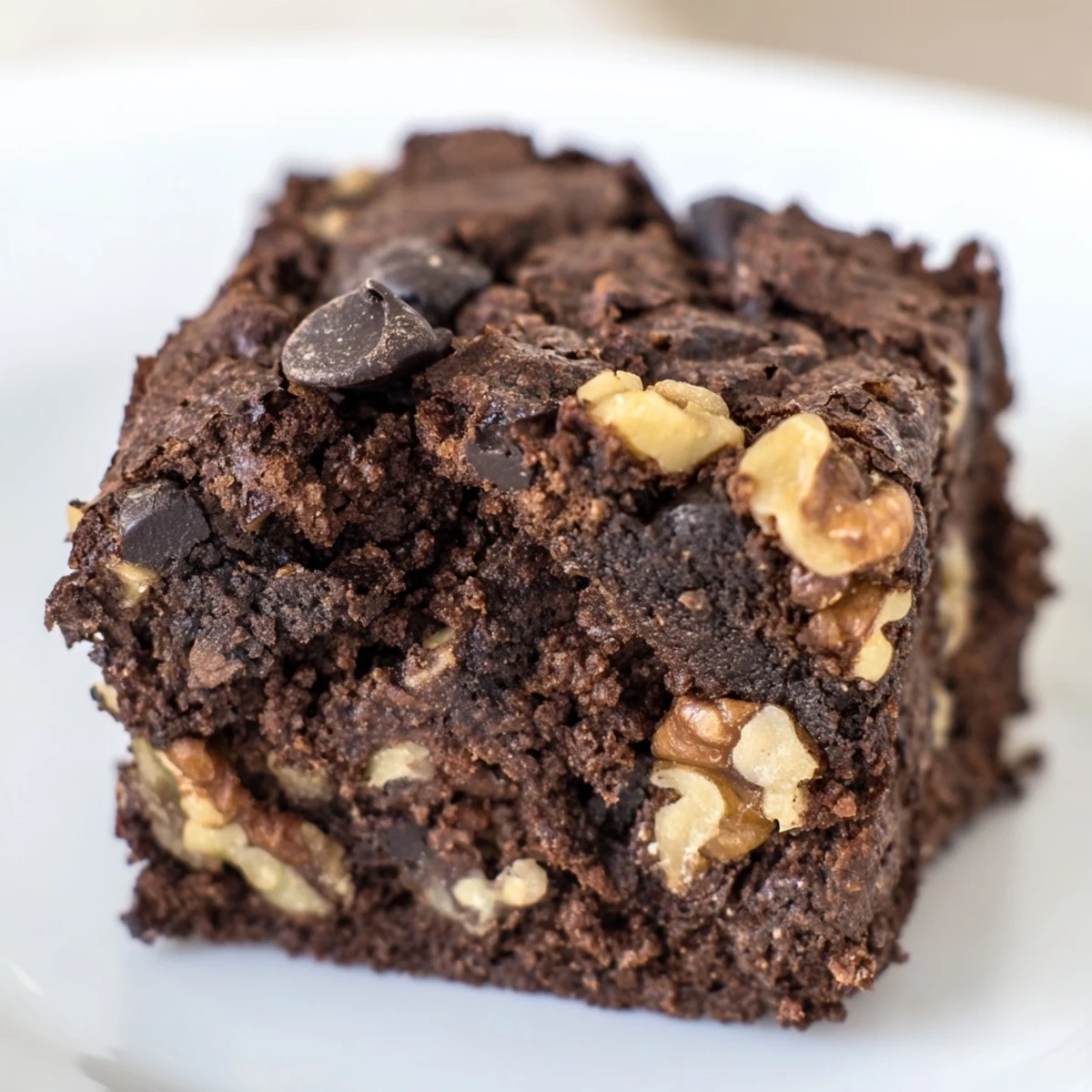 Fudgy Gluten Free Almond Flour Brownies with crackly tops and melted dark chocolate chips on a marble counter.