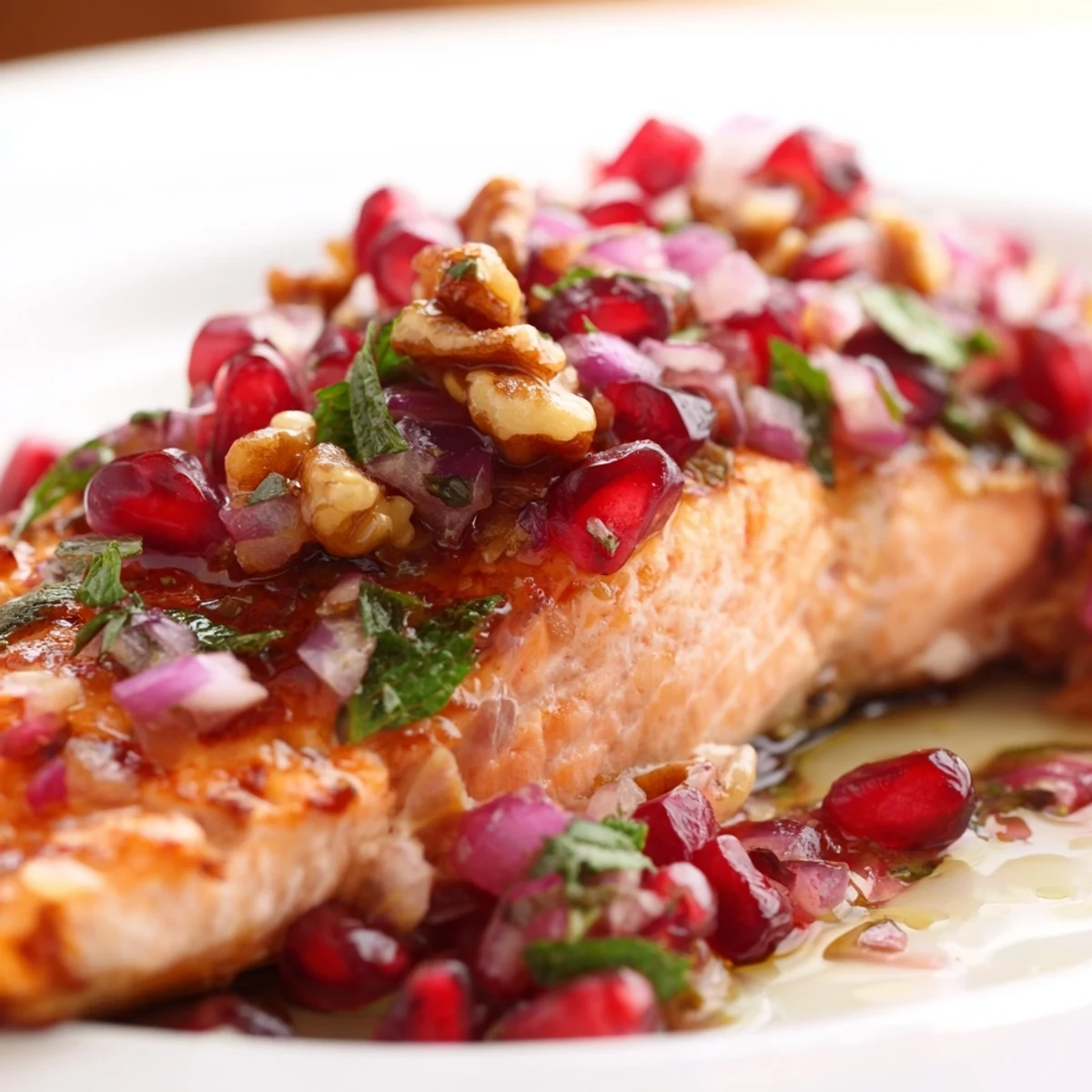 Flaky baked salmon fillets topped with bright red pomegranate seeds and chopped walnuts.