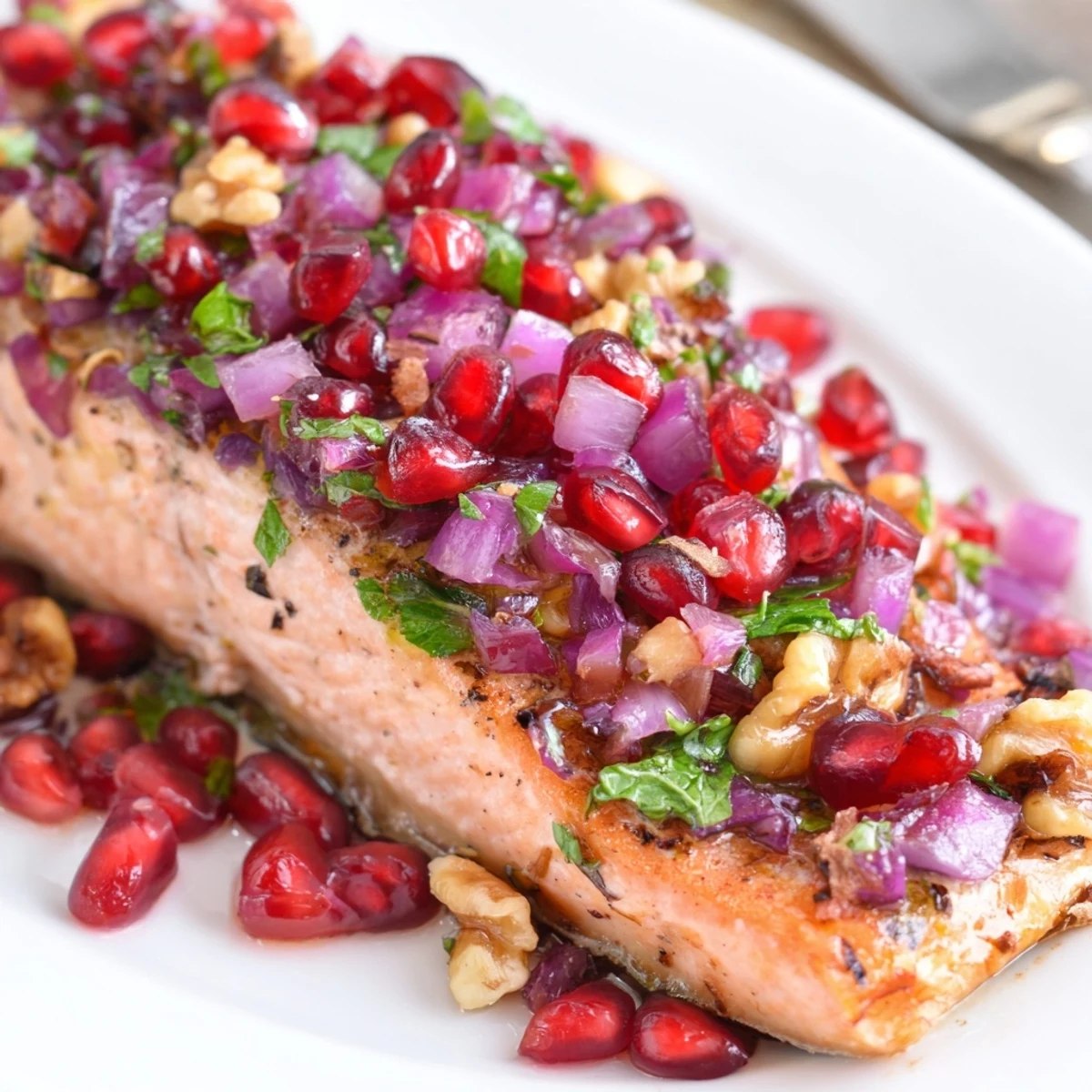 Tangy pomegranate walnut salsa garnishes golden-baked salmon on a white ceramic dinner plate.