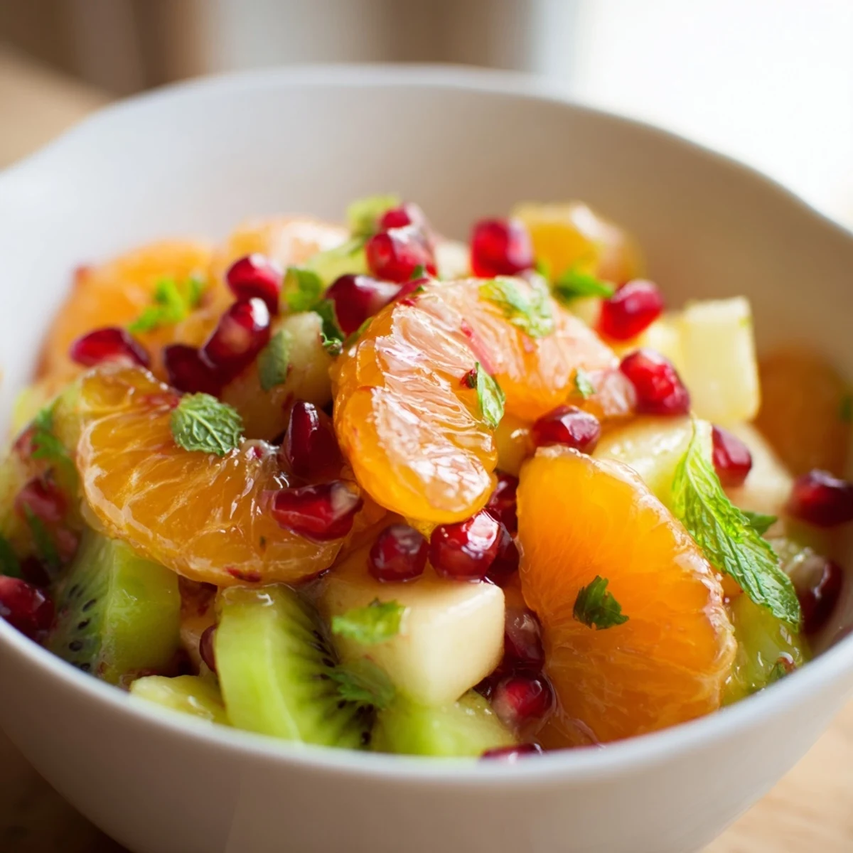Vibrant Winter Fruit Salad with Pomegranate and Lime plated with glistening lime zest and honey drizzle, colorful apples and pears on a chilled serving platter.