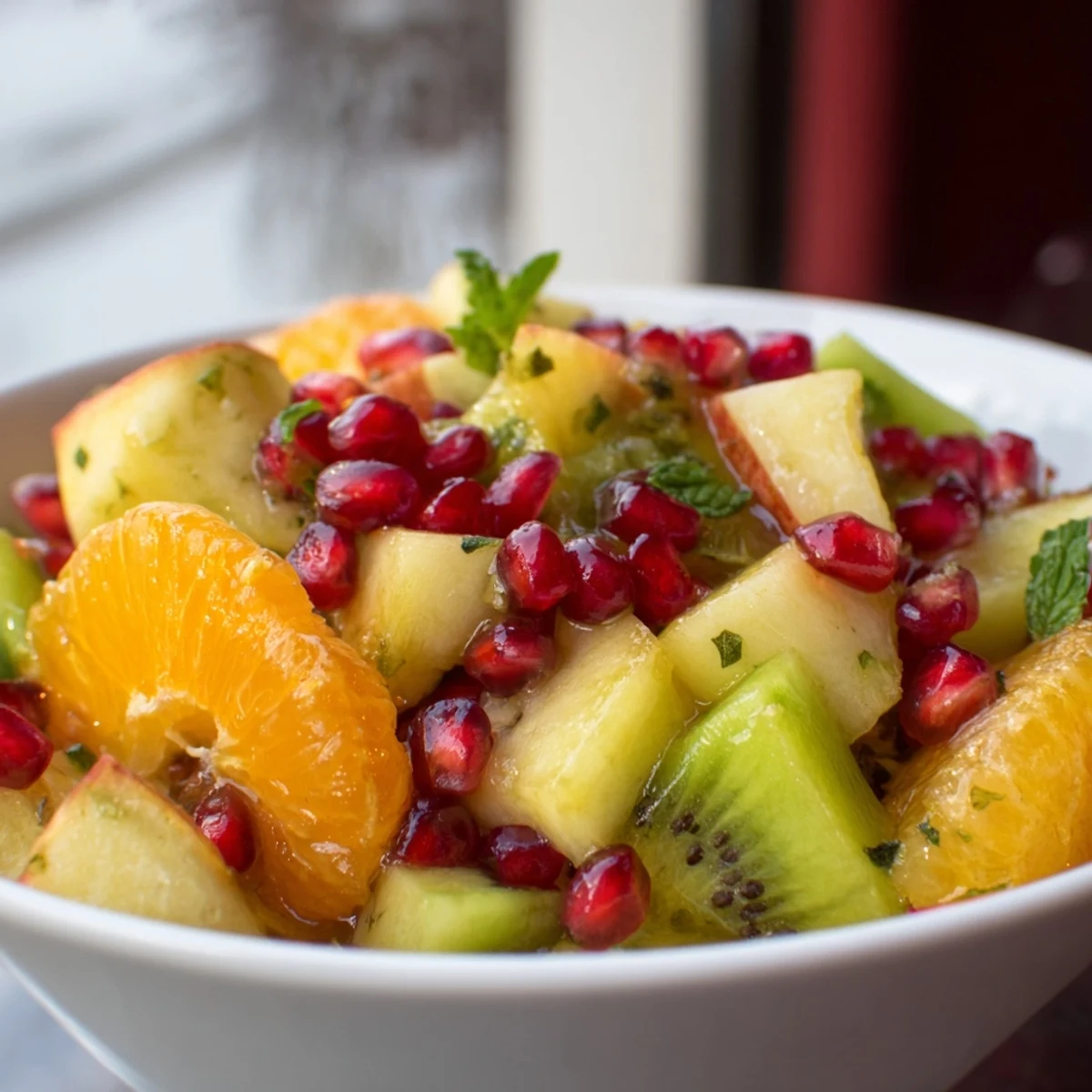 Bright Winter Fruit Salad with Pomegranate and Lime in a white bowl, juicy red seeds, sliced kiwi, orange segments, and chopped mint on a rustic table.
