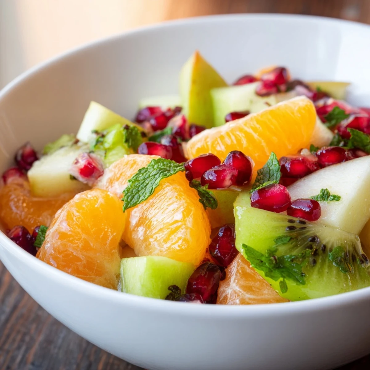 Overhead view of Winter Fruit Salad with Pomegranate and Lime showing jewel-like pomegranate arils, kiwi slices, and mint garnish, perfect for healthy breakfast or dessert.