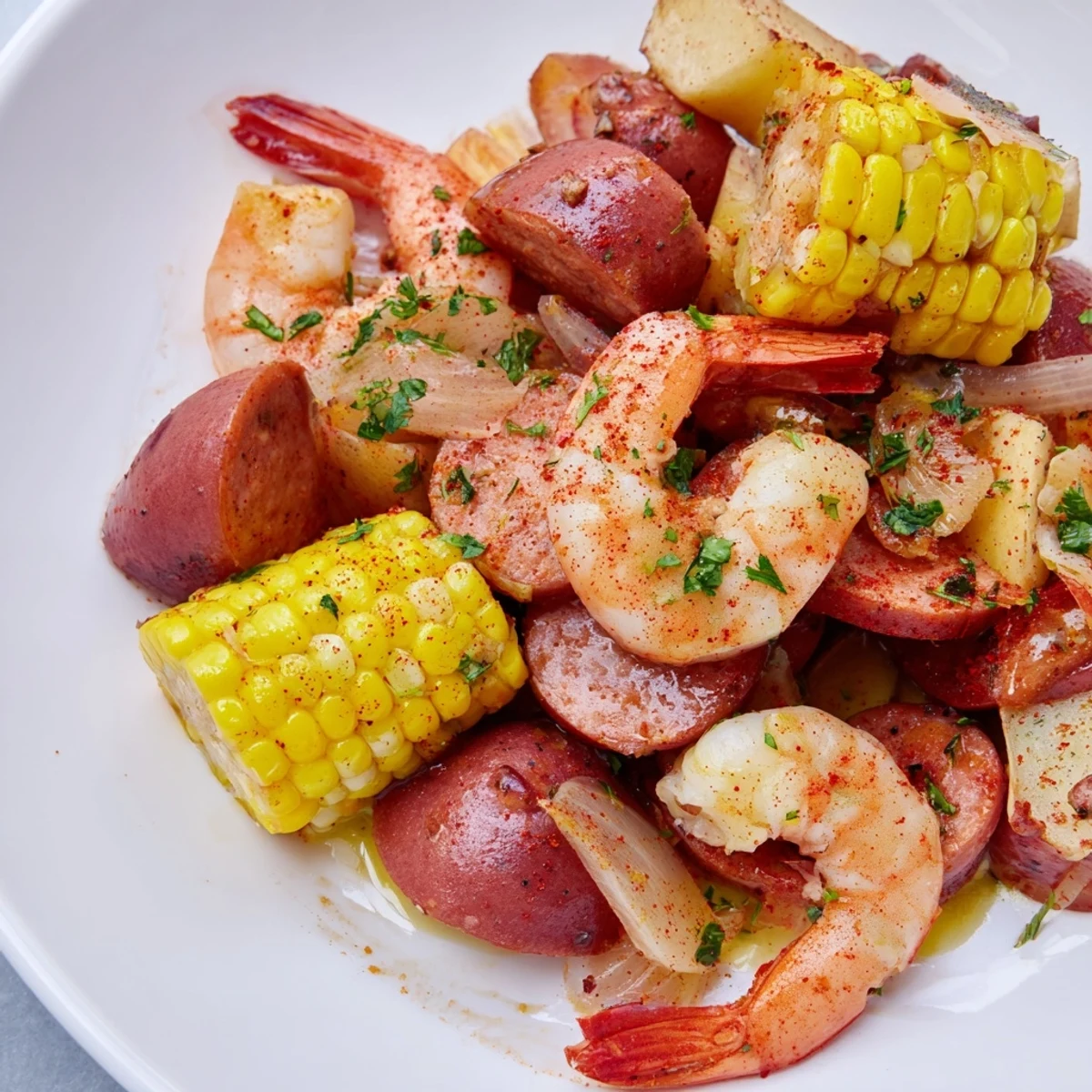 Vibrant Spicy Cajun Shrimp Boil with corn, shrimp, and sausage served hot on a platter with lemon wedges.