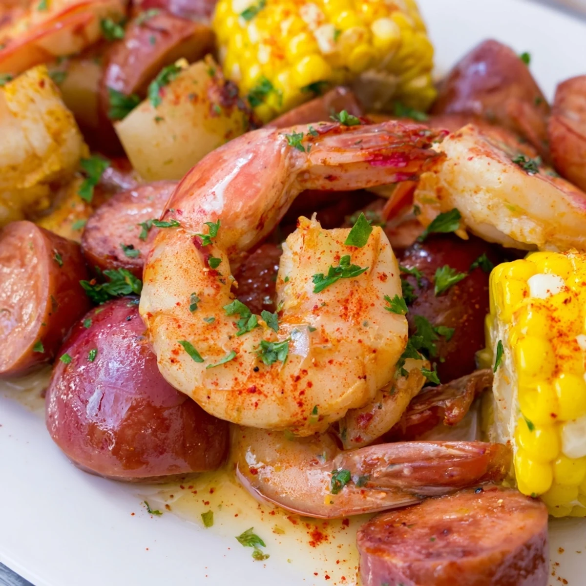 Hearty Spicy Cajun Shrimp Boil with steam rising, ready for a casual summer feast with crusty bread.