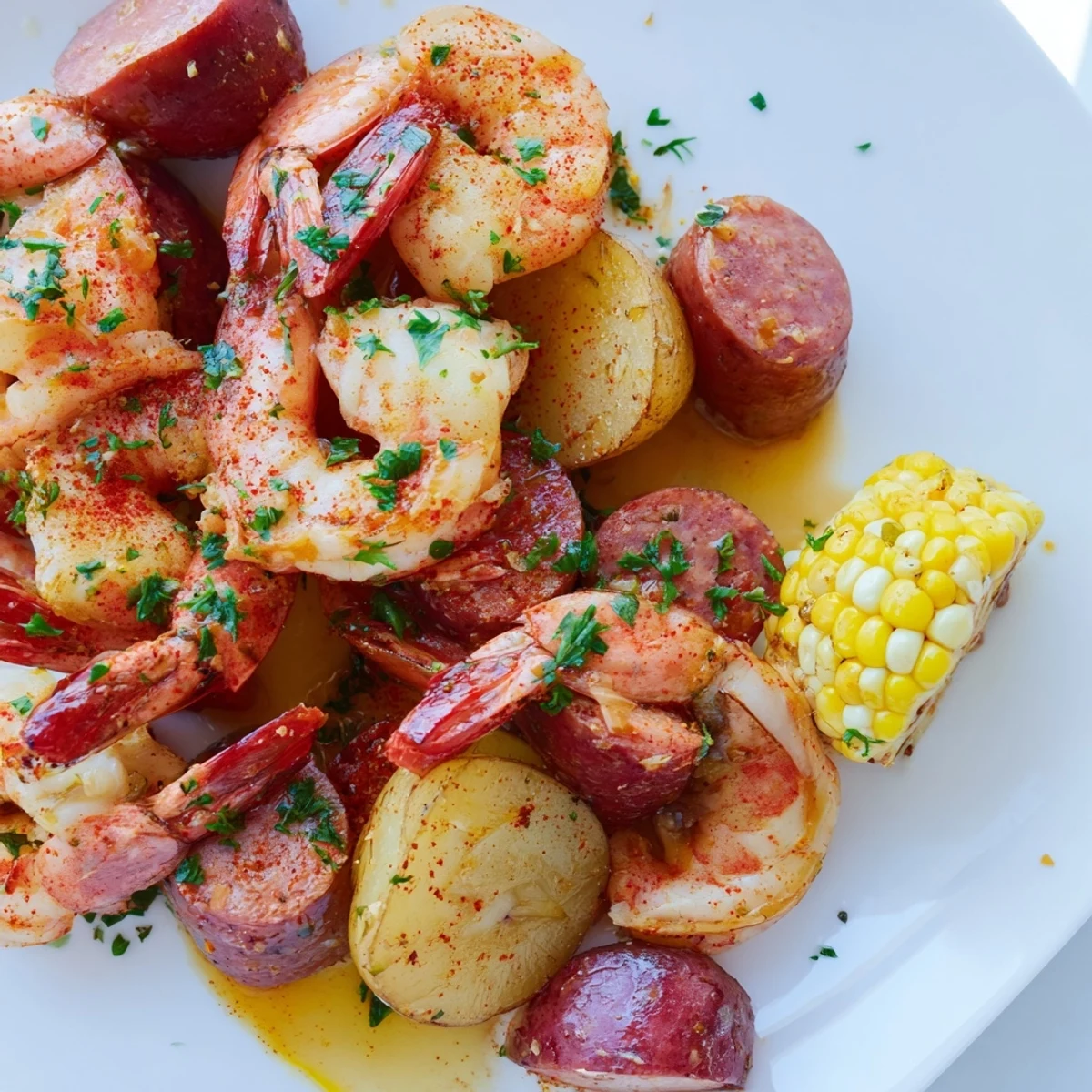 Overhead view of a Spicy Cajun Shrimp Boil featuring red potatoes, corn, shrimp, and sausage, garnished with parsley.