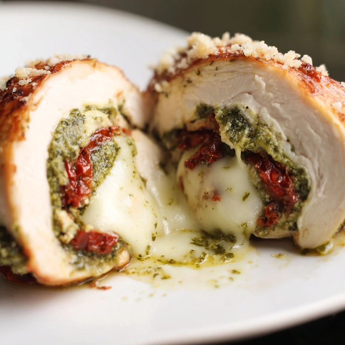 Sliced baked Stuffed Chicken Breast with Mozzarella and Pesto reveals melted, gooey cheese filling.