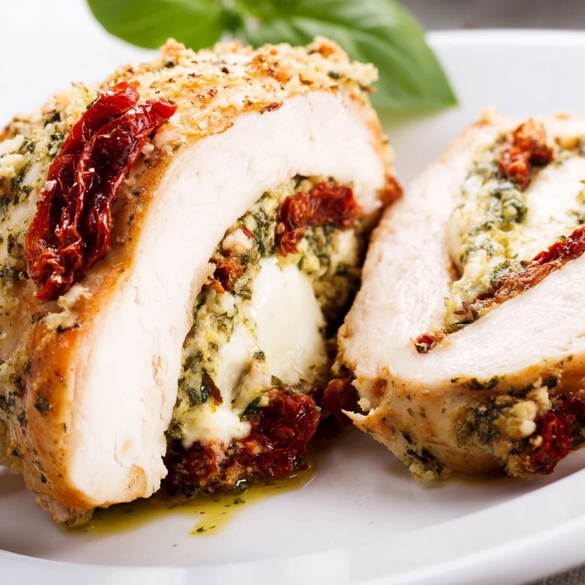 Golden brown chicken breast stuffed with pesto mozzarella and sun-dried tomatoes served on a plate.