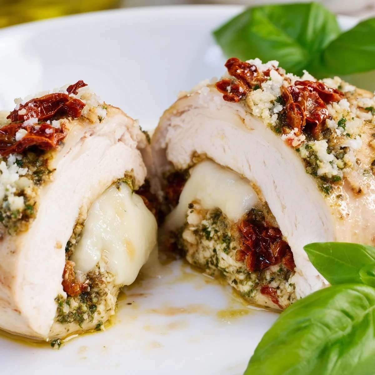 Juicy Stuffed Chicken Breast with Mozzarella and Pesto topped with Parmesan and fresh basil garnish.