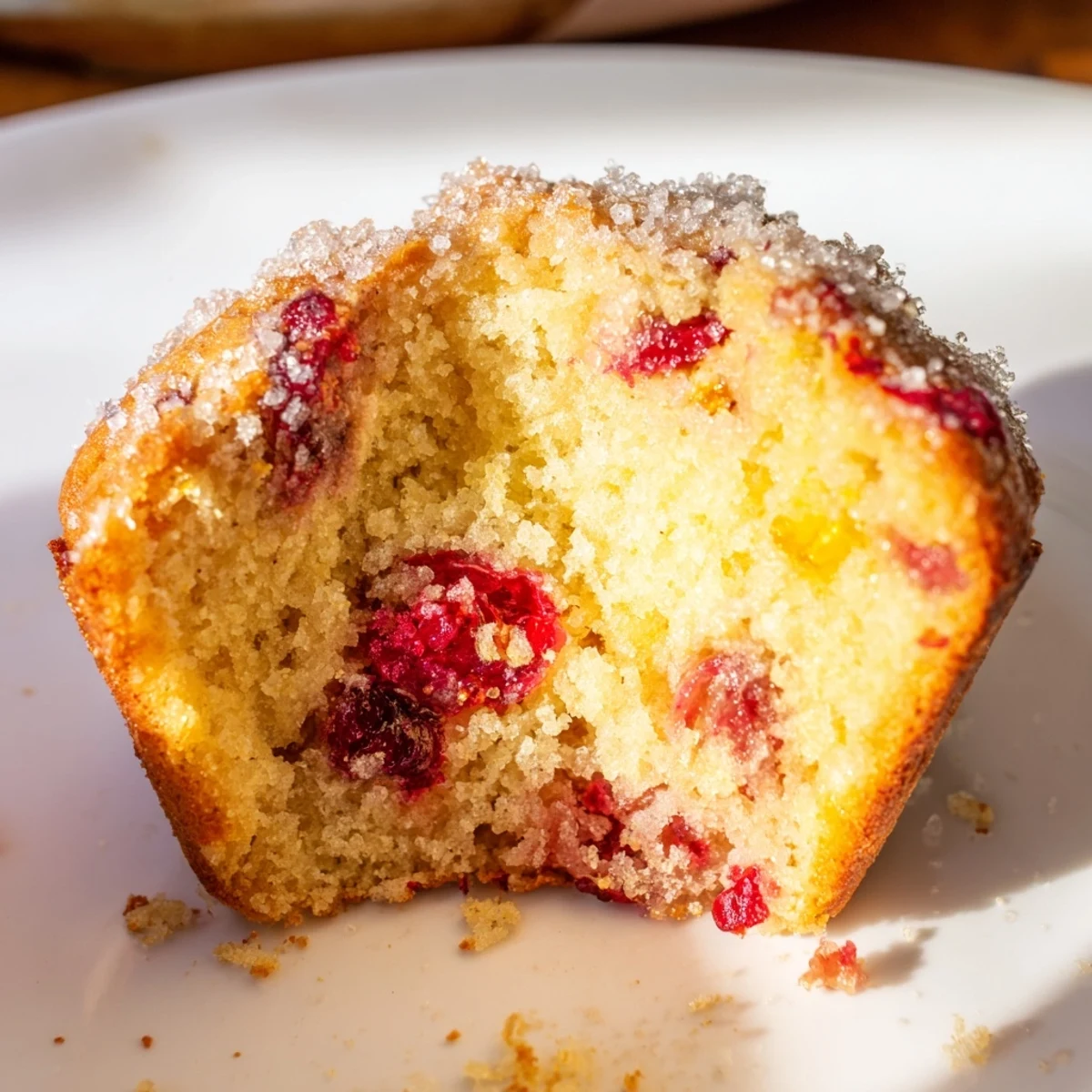 Freshly baked Orange Cranberry Breakfast Muffins with a crumbly sugar topping on a rustic wooden board.
