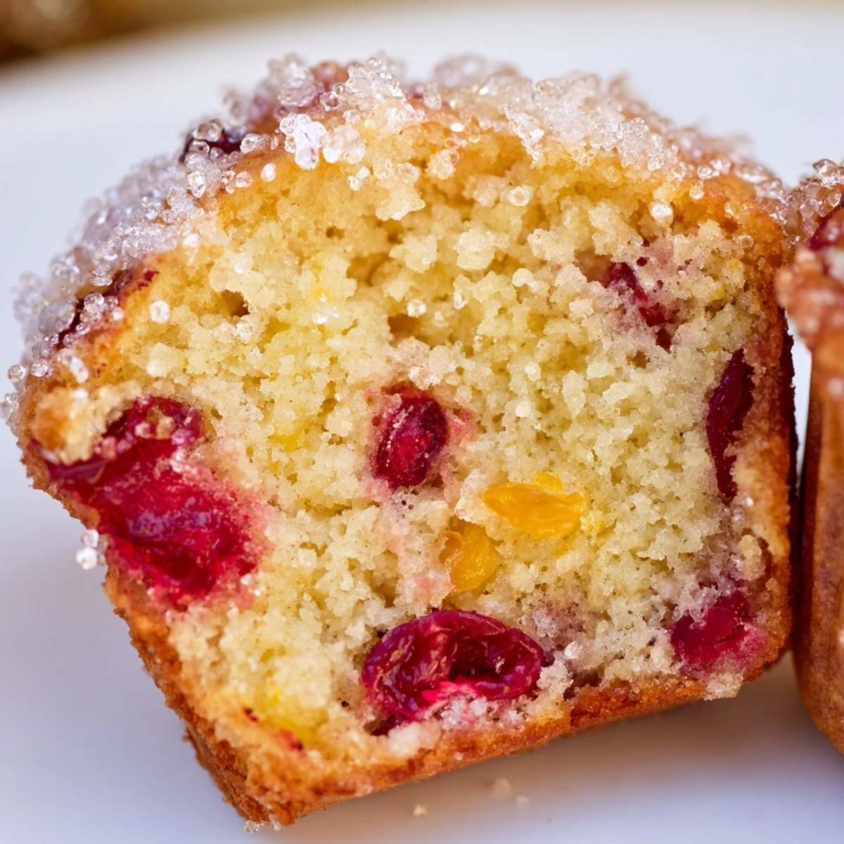 Homemade Orange Cranberry Breakfast Muffins served on a ceramic plate with a steaming cup of coffee nearby.