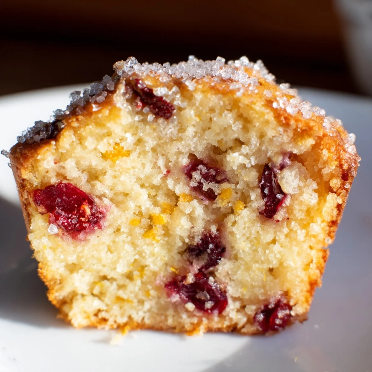 A stack of warm Orange Cranberry Breakfast Muffins with vibrant red cranberries peeking through the golden crust.