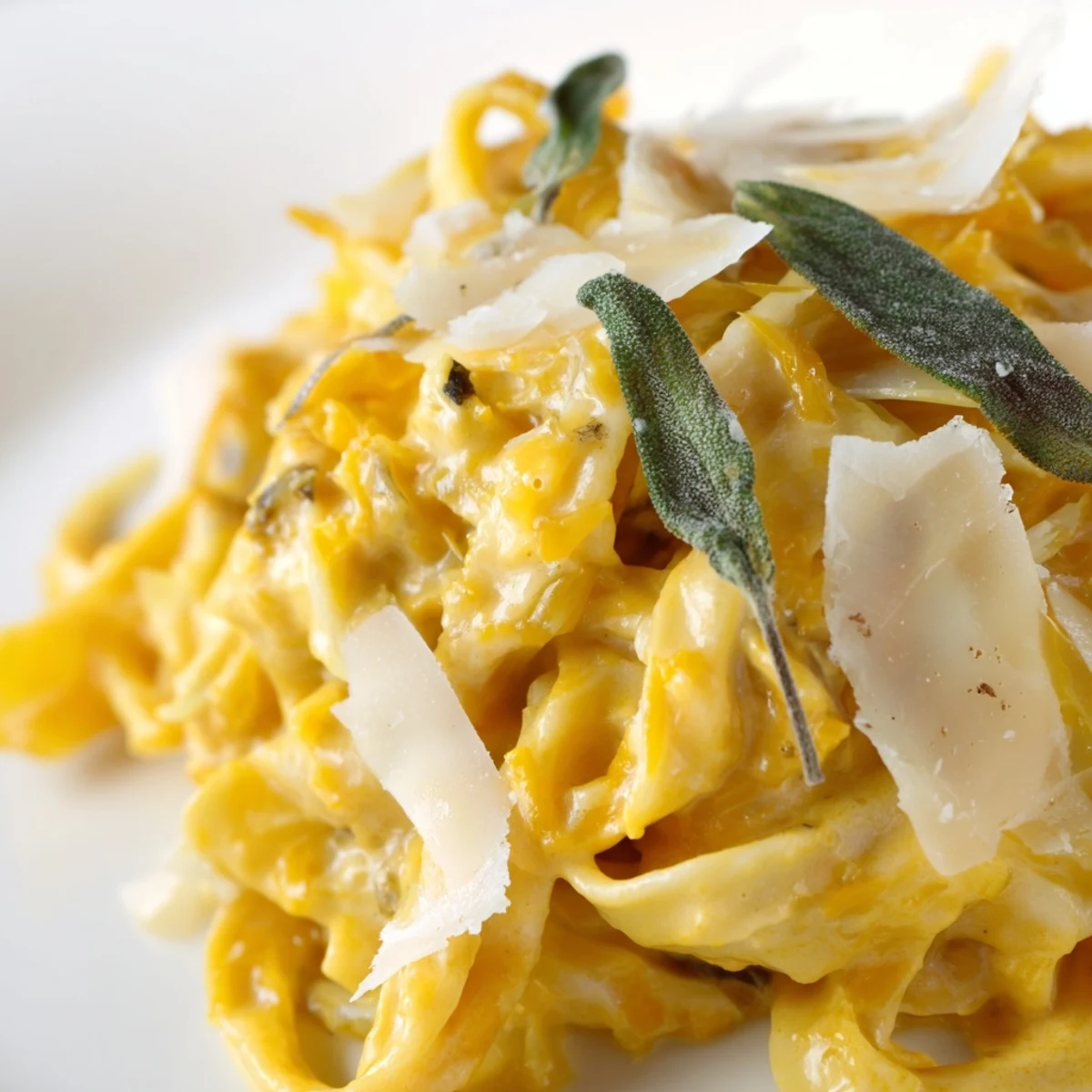 Creamy Pumpkin and Sage Pasta Sauce coats fettuccine, garnished with fresh sage and parmesan for a cozy autumn dinner.