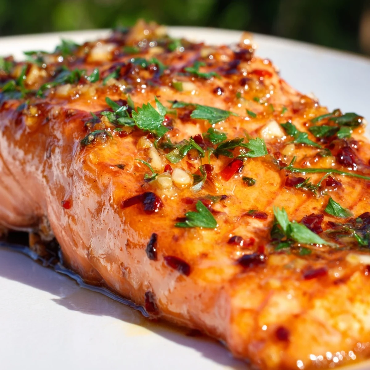 Juicy Honey Garlic Glazed Salmon Steaks fresh from the broiler, glistening with sticky glaze and topped with vibrant chopped parsley.