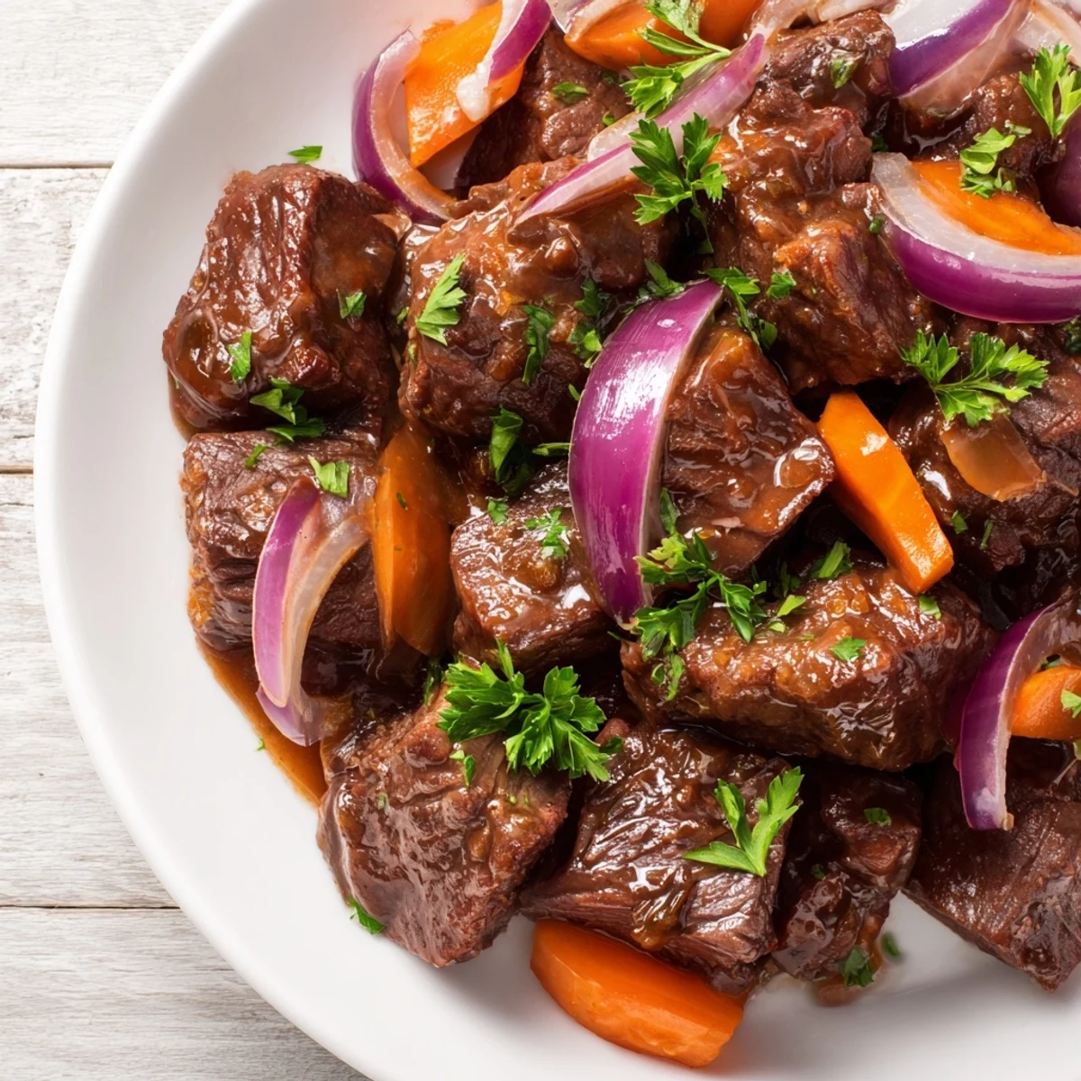 Freshly garnished Braised Beef Chuck with Red Onions plated with carrots and celery, ready to serve alongside crusty bread.