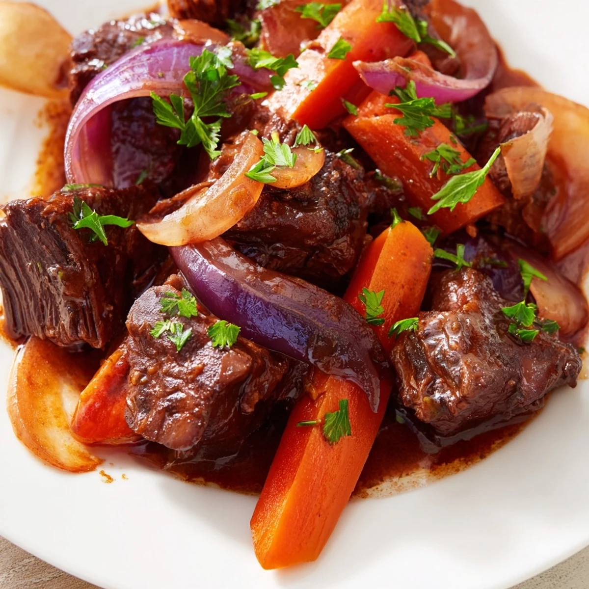 Savory Braised Beef Chuck with Red Onions simmered in a Dutch oven, fork-tender and swimming in a fragrant, herb-infused gravy.