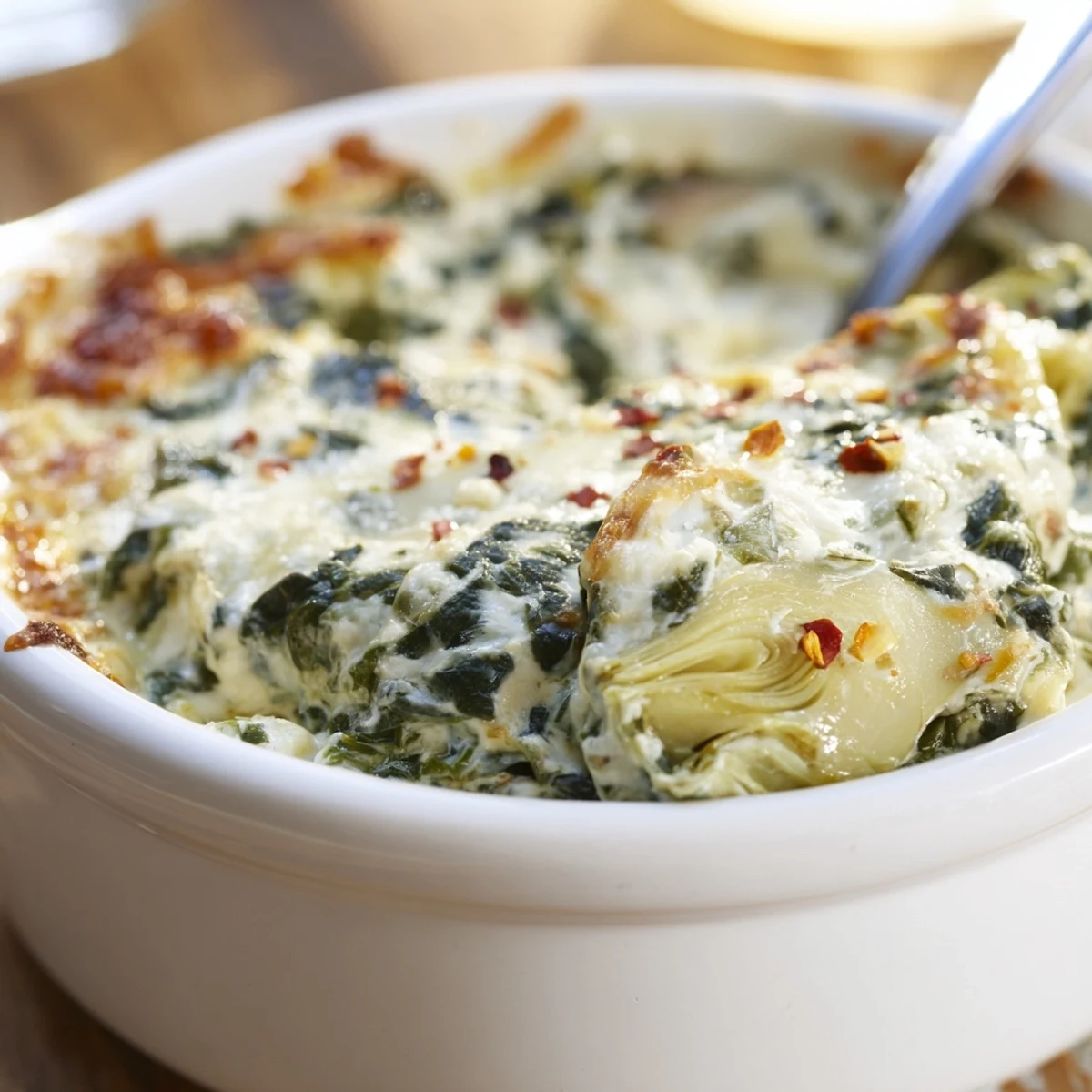 Golden, bubbly Creamy Spinach Dip with Artichokes in a ceramic baking dish, served with toasted baguette slices for dipping. 