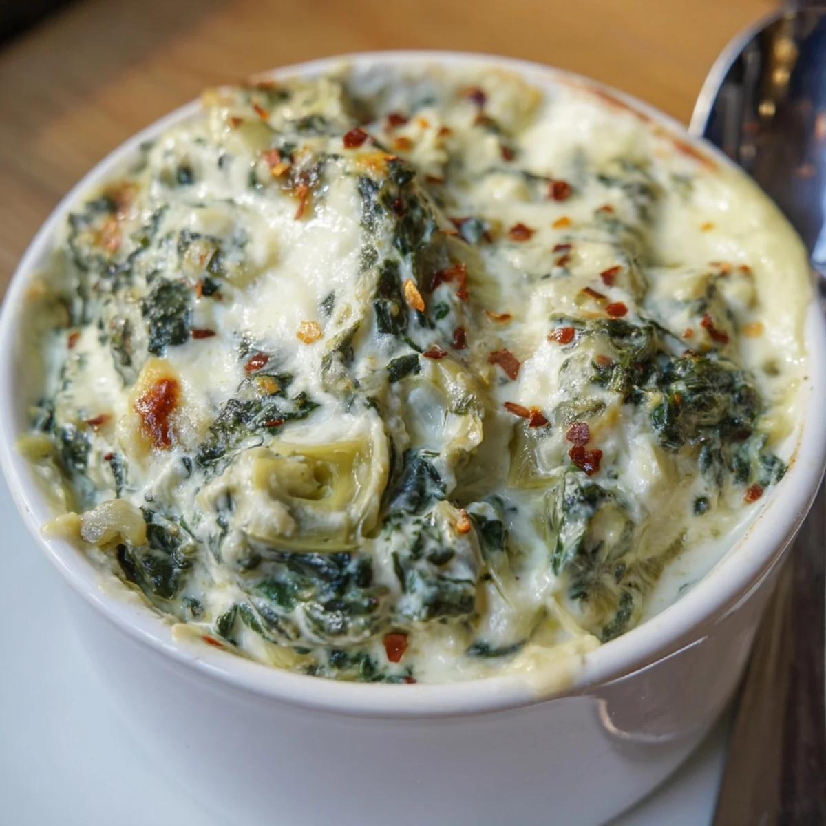 A close-up view of rich Creamy Spinach Dip with Artichokes, revealing its velvety texture with artichoke hearts and melted cheese.