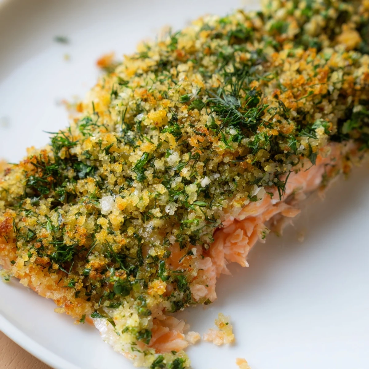 Herb Crusted Salmon with Dill ready to serve, garnished with fresh dill sprigs and bright lemon wedges for squeezing.