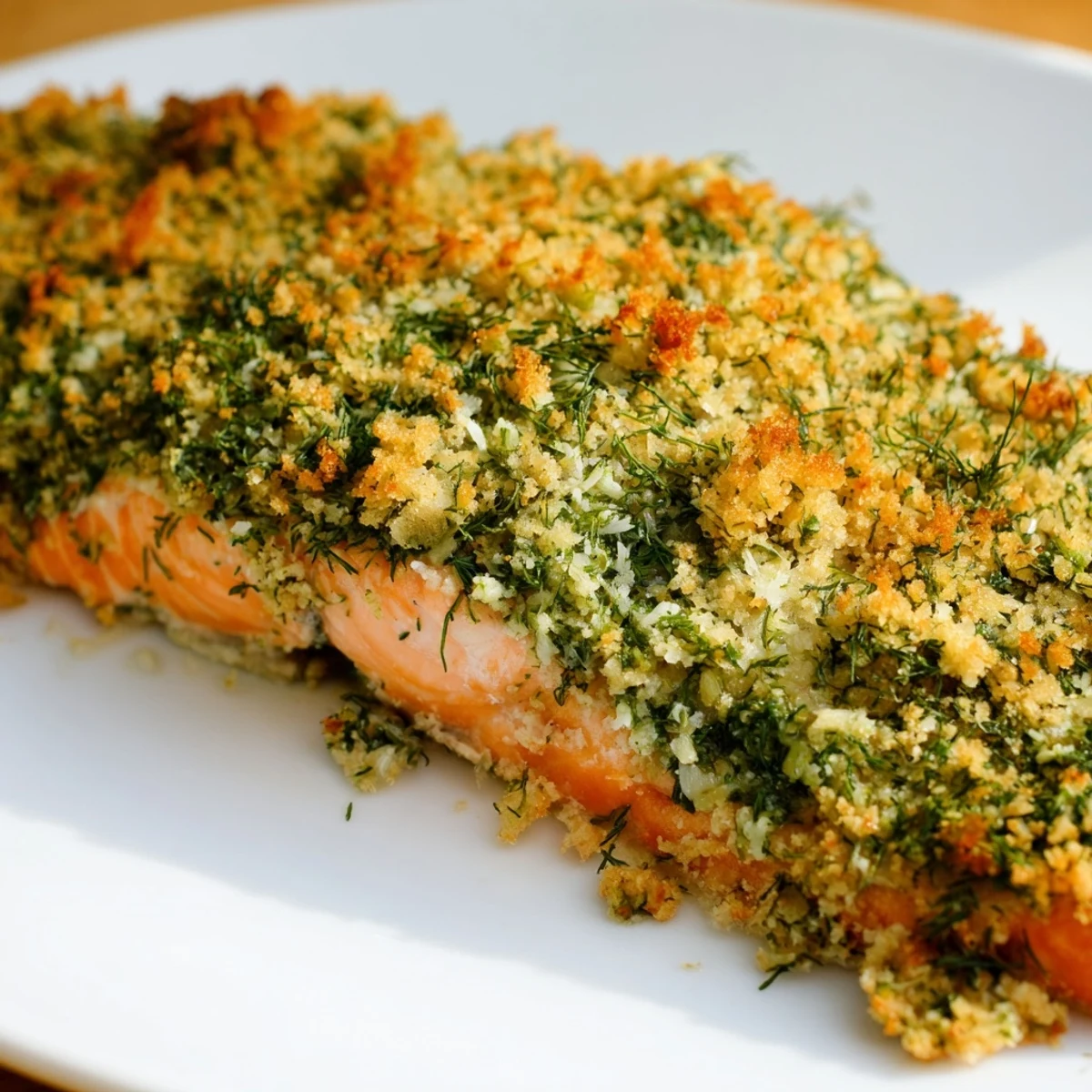 Close-up of Herb Crusted Salmon with Dill, showing flaky pink flesh beneath a golden, crispy, gluten-free herb topping.